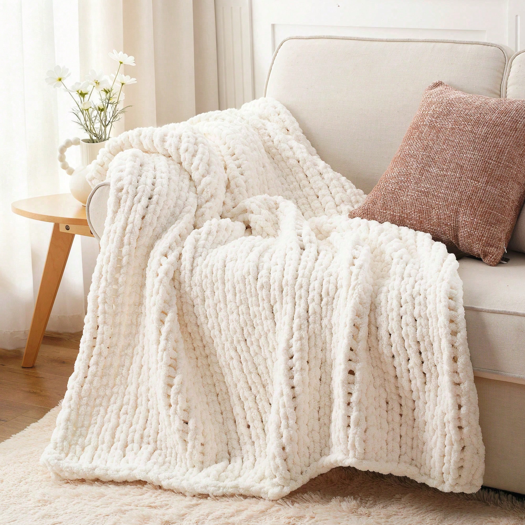 Cream Chunky Knit Throw Blanke - مراجعة Throw Blanket Chunky Knit وسعره