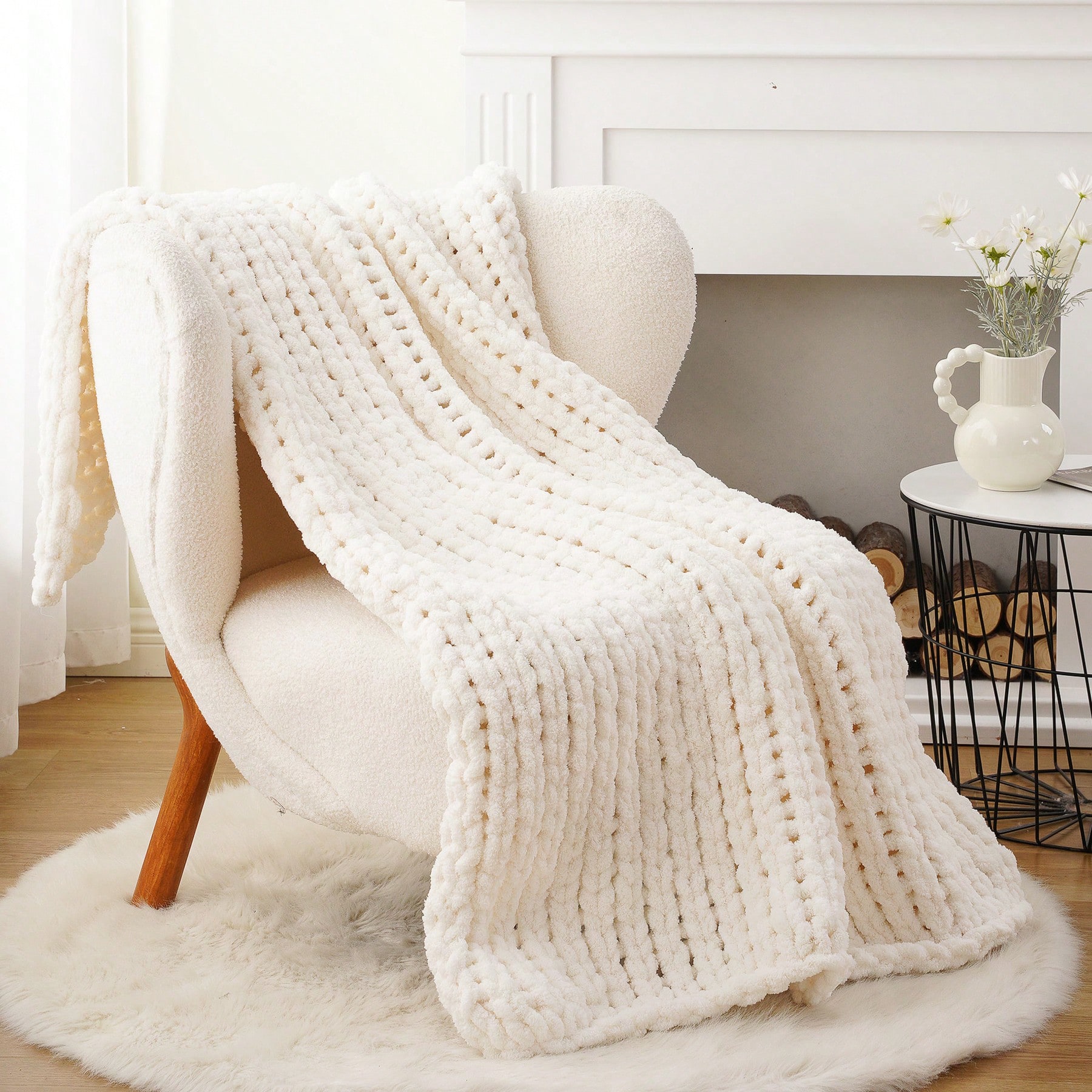 Cream Chunky Knit Throw Blanke - مراجعة Throw Blanket Chunky Knit وسعره