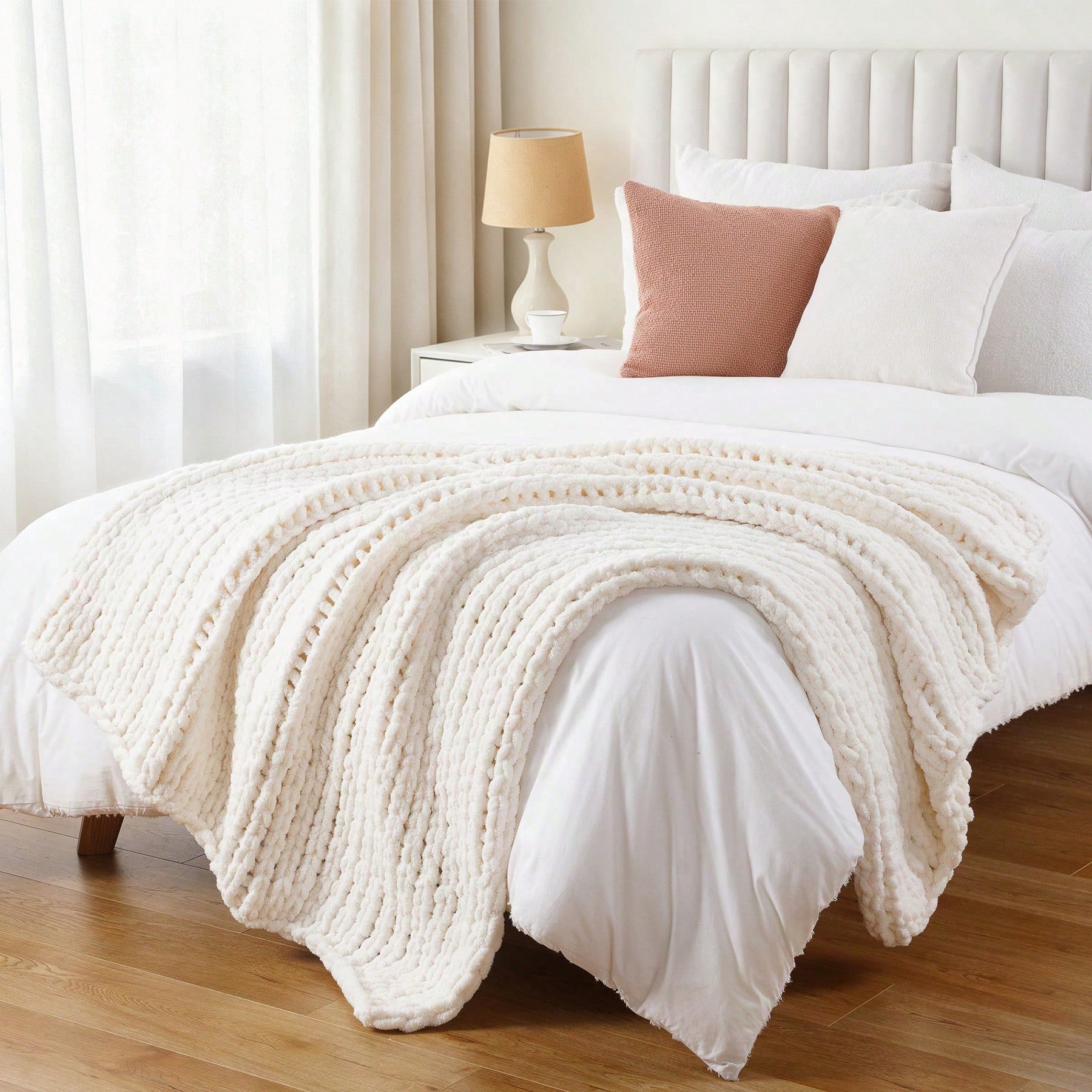 Cream Chunky Knit Throw Blanke - مراجعة Throw Blanket Chunky Knit وسعره