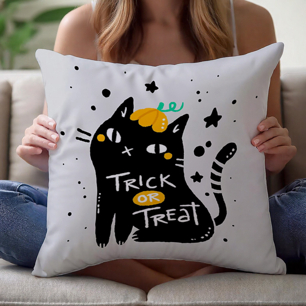 1pc Trick or Treat Black Cat H - مراجعة Pillow Cover 20X20 وسعره