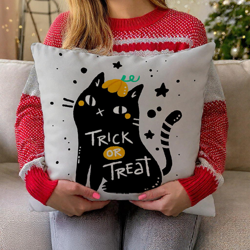 1pc Trick or Treat Black Cat H - مراجعة Pillow Cover 20X20 وسعره